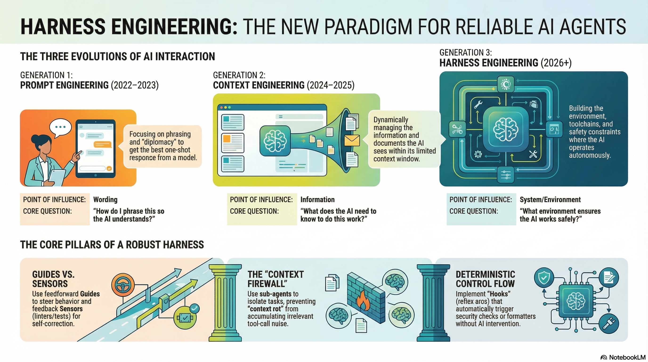 Harness Engineering: The New Paradigm for Reliable AI Agents — infographic showing three evolutions of AI interaction (Prompt Engineering, Context Engineering, Harness Engineering) and the core pillars (Guides vs Sensors, Context Firewall, Deterministic Control Flow)
